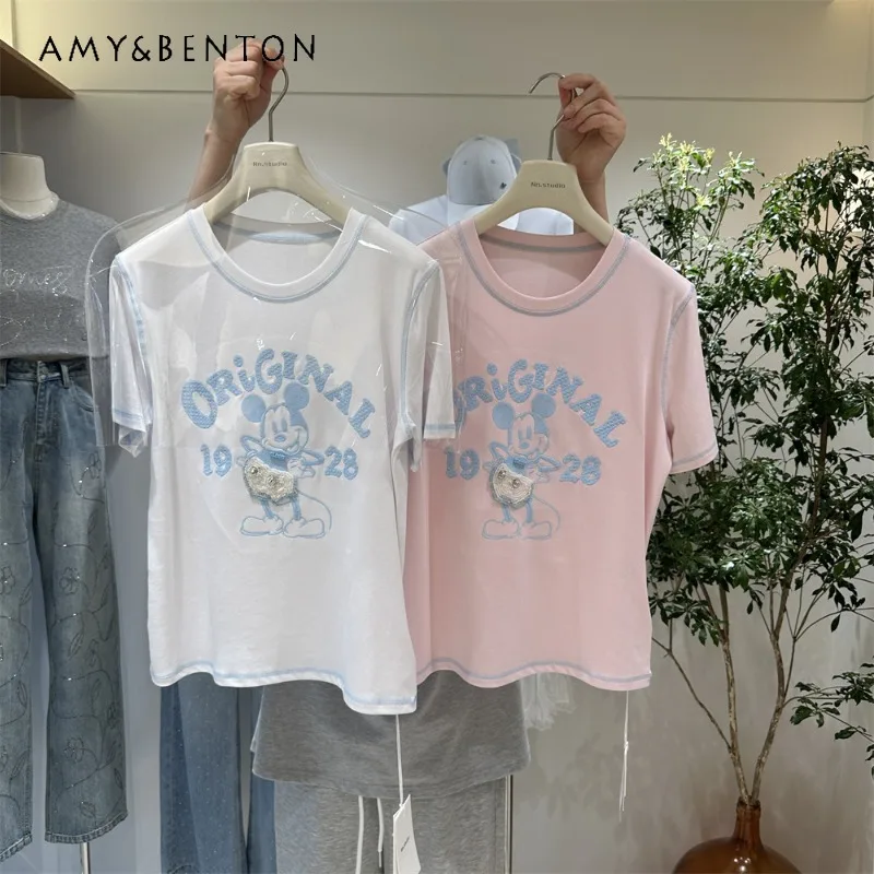 

Women's Short-sleeves T-shirt 2026 Summer New Fashion Youthful Stylish Color-blocked Cartoon Design Loose And Slimming Y2k Top