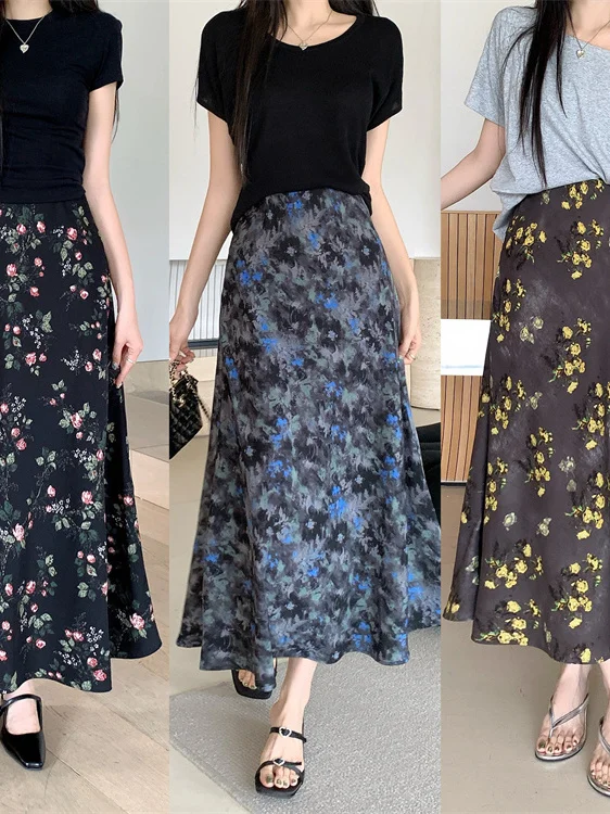 

plus Size Women's Sweet Floral Print Elastic Waist High Waist A-Line Skirt Summer New Sle Versatile Meat Concealing Midi Skirt