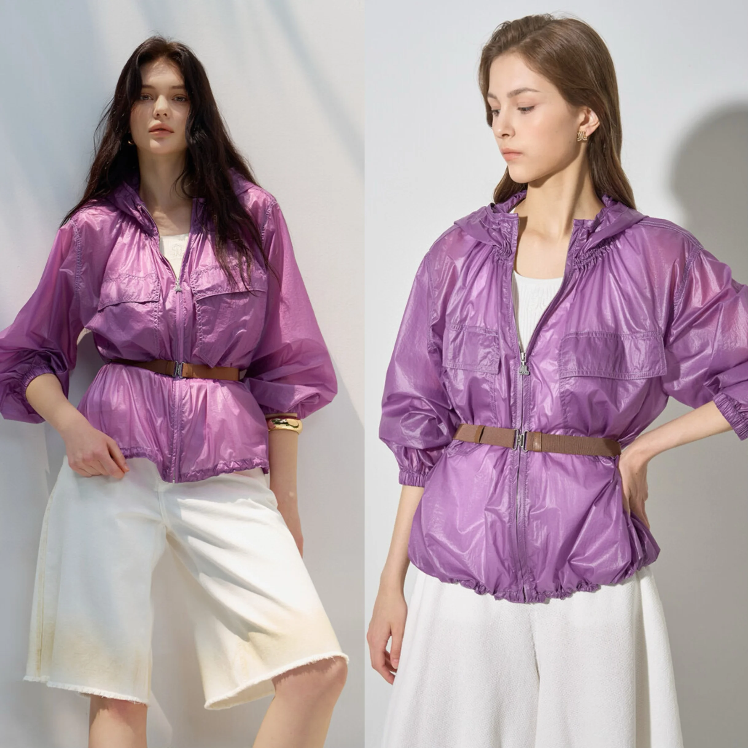 

Lightweight Printed Hooded Jaet Zipper Closure Commute Sle Korean Single Print Sun Protection Loose Fit Long Sve