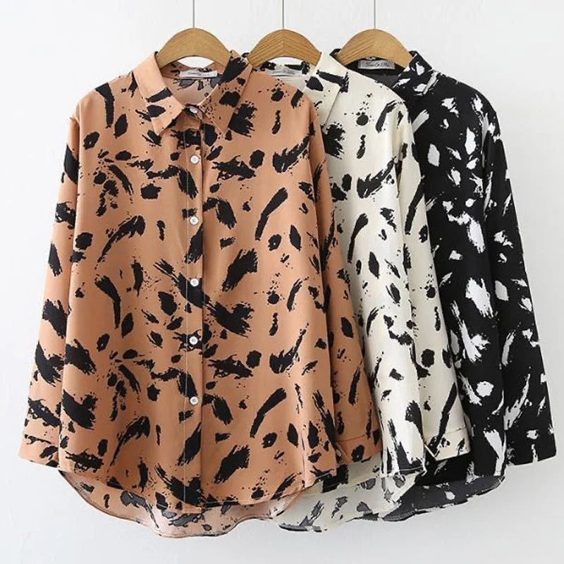 Turn-down Collar Long Sleeve Office Lady Tops Spring Autumn Printing Interior Lapping Shirts Ladies Business Casual Blouses