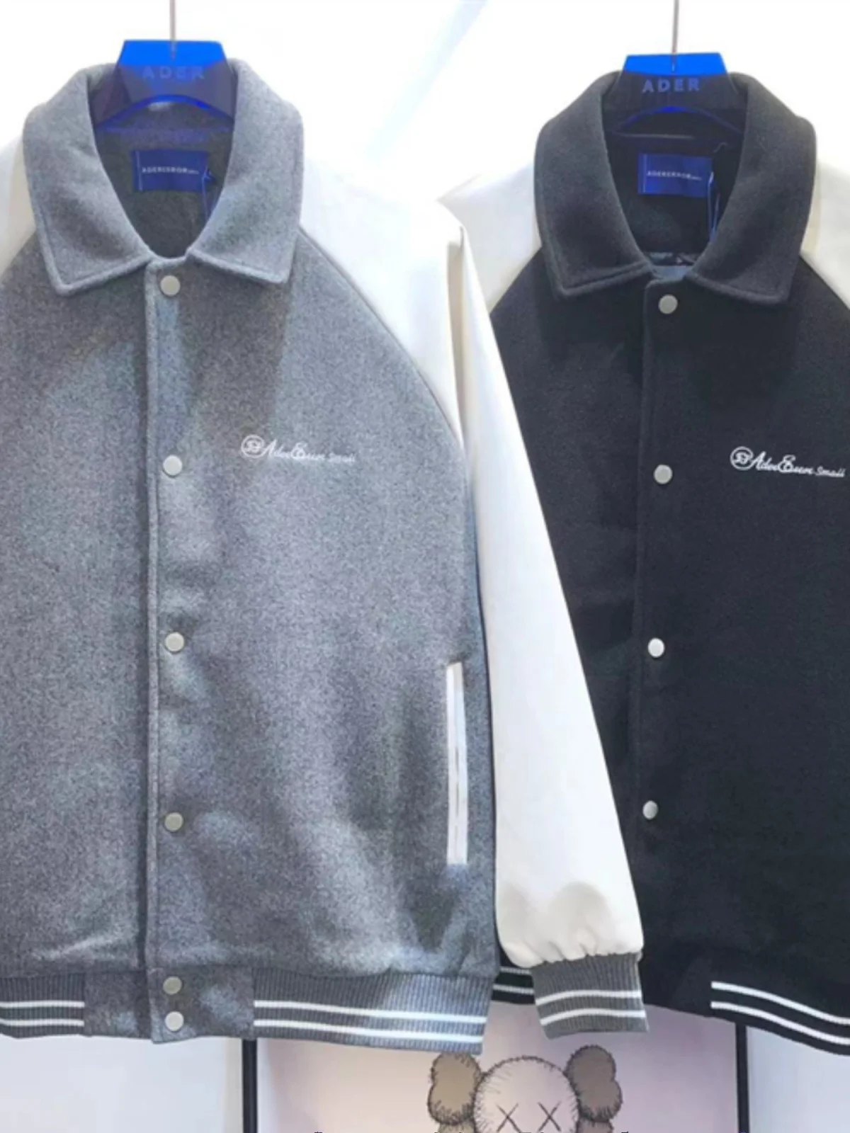 

Trendy Brand Casual Loose Woolen Jaet Collared Patchwork Baseball orm Outerwear for Couples Autumn Faion Polyester