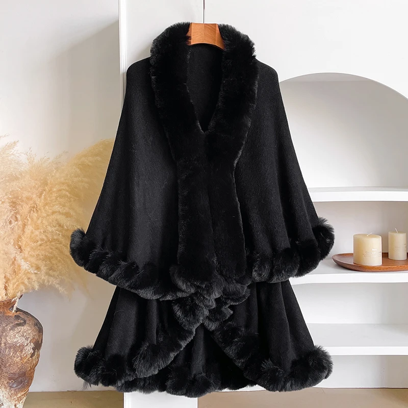 Neuer Winter-Umhang aus verdickter Nerzwolle mit vollen Borten, Kunstpelz-Umhang – Damen-Umhang mit Kapuze, lockerer Fleece-Umhang, Mantel, Partykleid, warm – Detail 11