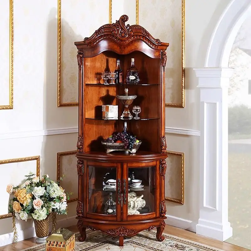 خزانة زاوية من الخشب الصلب الأمريكي، غرفة معيشة مثلثة، باب زجاجي منحني عتيق، النبيذ الأوروبي #3