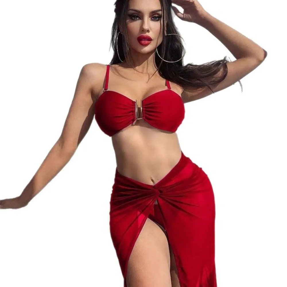 ملابس سباحة أوروبية وأمريكية بلون سادة مكونة من ثلاث قطع ملابس سباحة مزخرفة على شكل حرف U