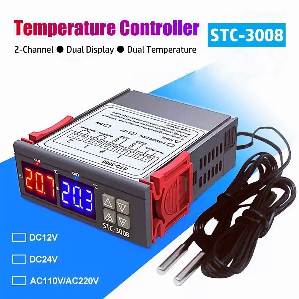 STC-3008 Digital 2-Channel Temperature Controller AC/DC Dual Display Dual Temperature Incubation Temperature Controller Switch