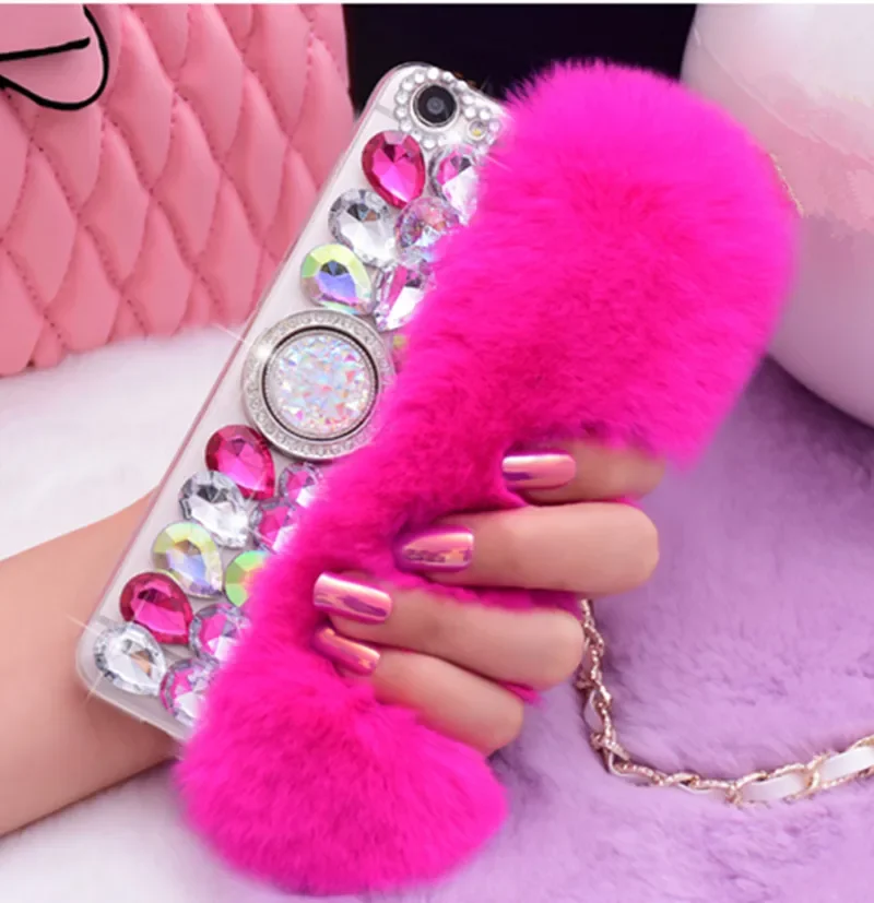 Luxury Bling Big Rhinestone Diamond Real Rabbit Fur Case, Case for iPhone 15, 14, 16, 12, 13Pro Max, 16Plus, with Ring Holder