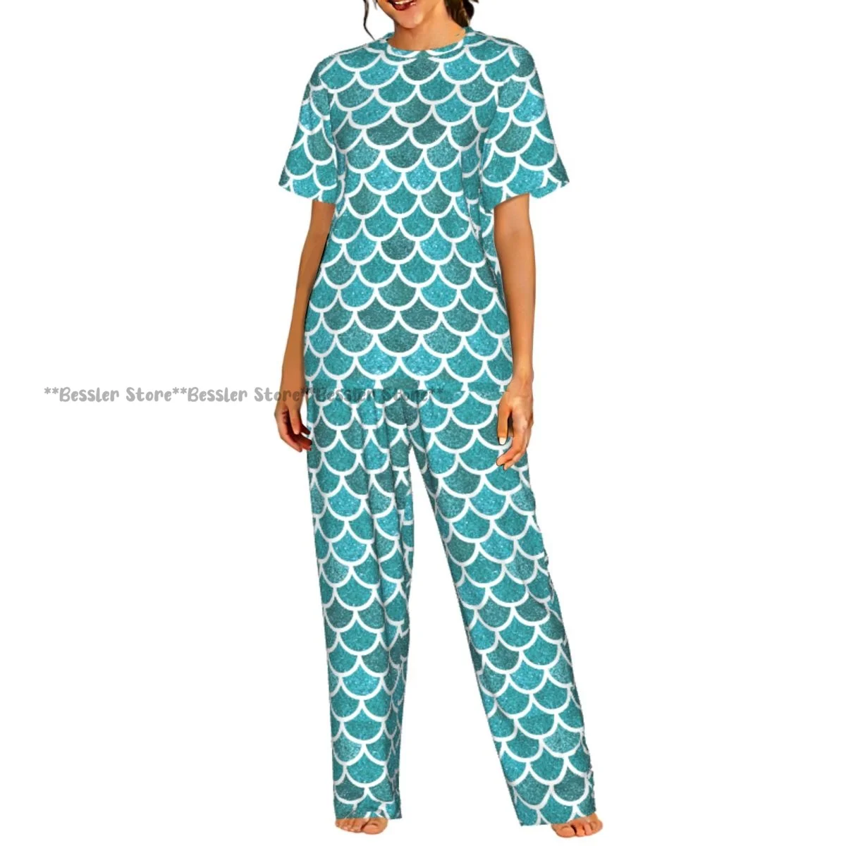 

Женские пижамные комплекты, одежда для отдыха и сна, бирюзовая ночная рубашка с короткими рукавами и рисунком чешуи русалки