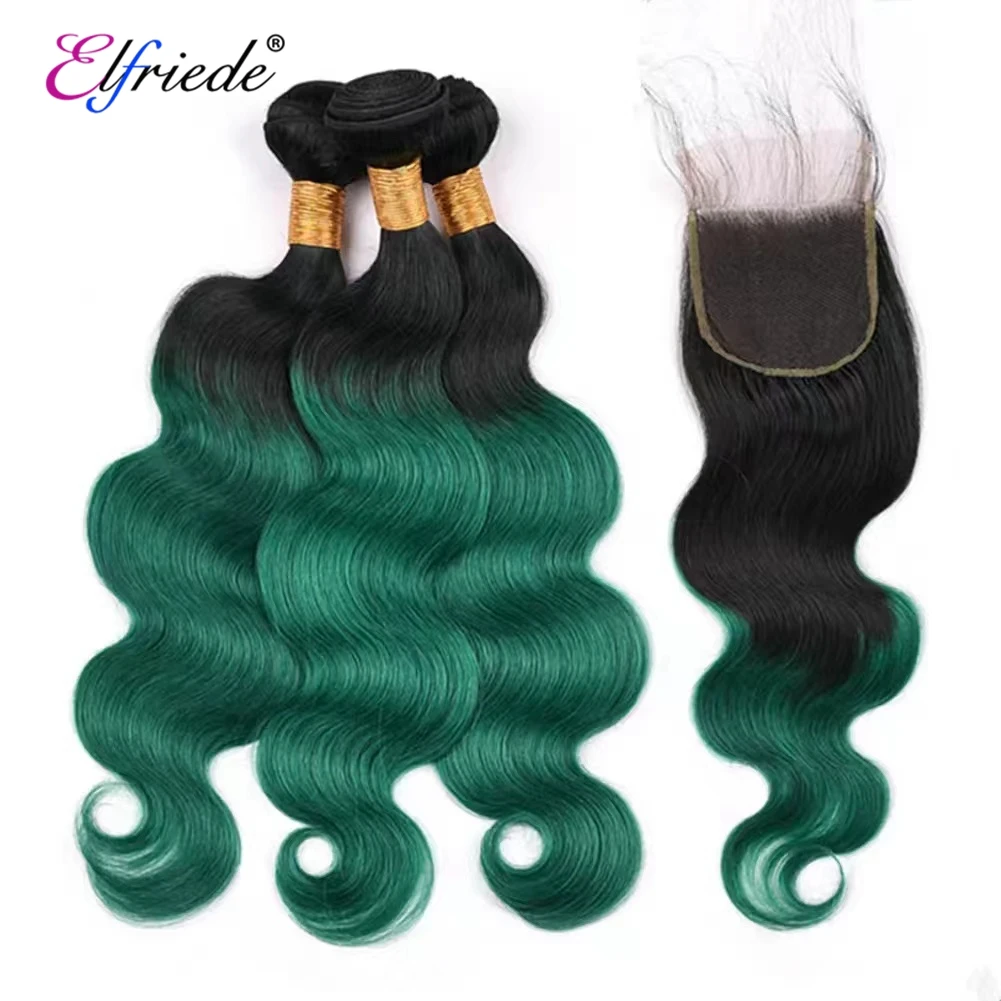 Elfriede Ombre #1B/Green Body Wave Hair Bundles with Closure Human Hair Sew In Wefts 3 Bundles with Transparent Lace Closure 4x4