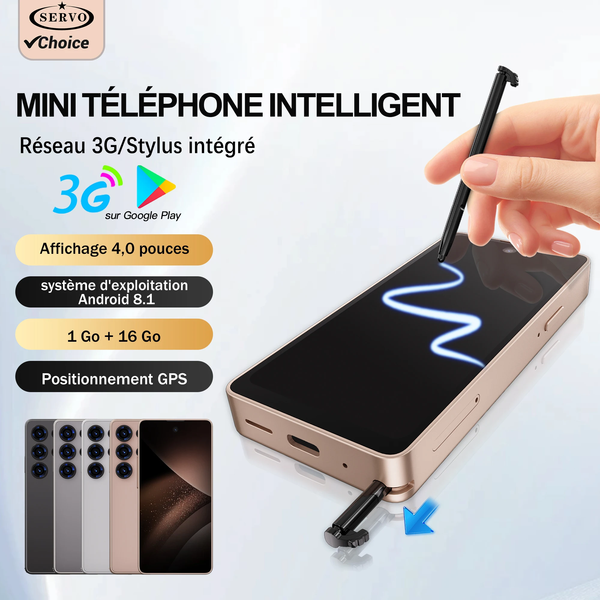 Mini smartphone Android SERVO avec stylet intégré, 3G, écran 4 pouces, 16 Go de ROM, téléphones mobiles miniatures, déverrouillage facial, GPS, WIFI, Play Store