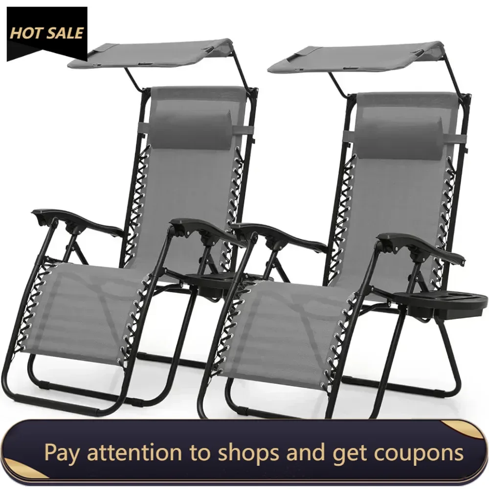 Set of 2 Outdoor Zero Gravity Chair Reclining Lounger With Sun Shade and Headrest Living Room Armchairs Folding Bed Single Grey