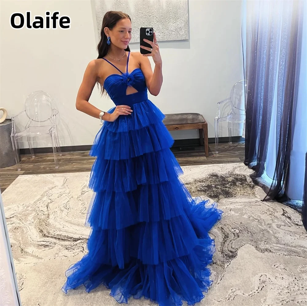 Olaife Sweep Tulle A-line Prom Dresses Spaghetti Straps Tiered Formal Wear Evening Dresses Graduate Party Dress