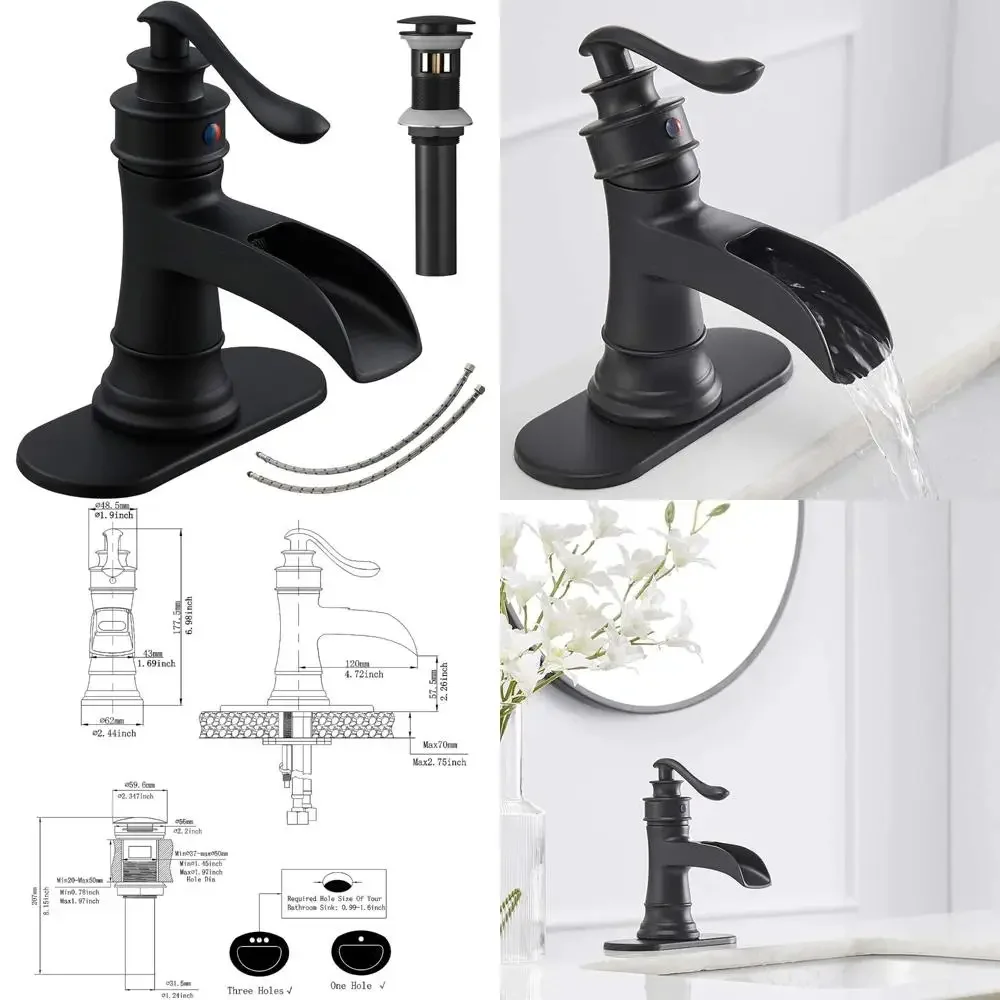 

Black Matte Single Hole Waterfall Bathroom Sink Faucet with Pop-Up Drain and Supply Hose, Modern Design