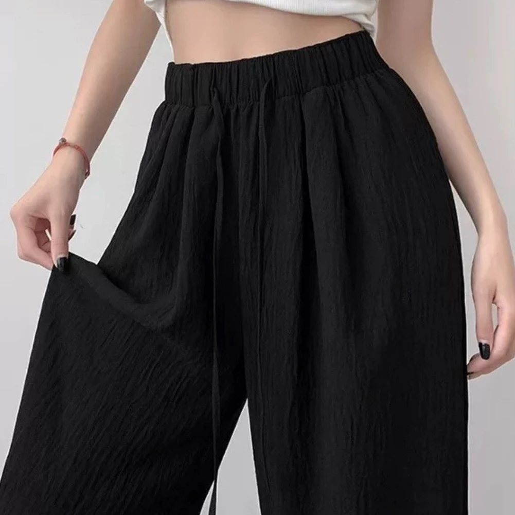 Women Ice Silk Loose Wide Leg Pants Elastic Waist Solid Color Long Trousers Casual Summer Streetwear High Waist Bottoms