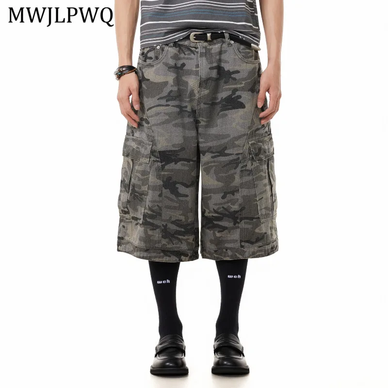 

MWJLPWQ American Style Baggy Loose Wide-Leg Camouflage Cargo Shorts Men's High Street Hip-Hop Multi Pocket Casual Pants 20965
