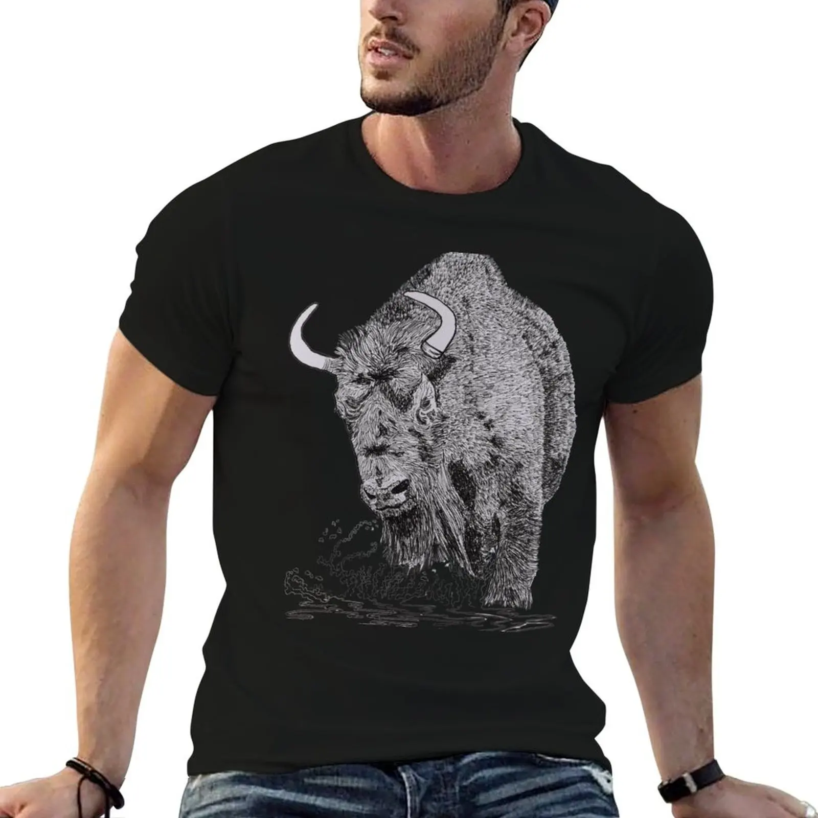 powerful bison coming in, drawing of bison, physie culture T-Shirt aesthetic clothes cute tops blacks men clothing