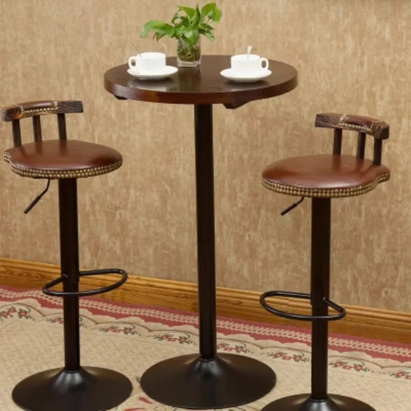 American solid wood small bar  household high round  coffee shop tand chair simple wrought iron bar table