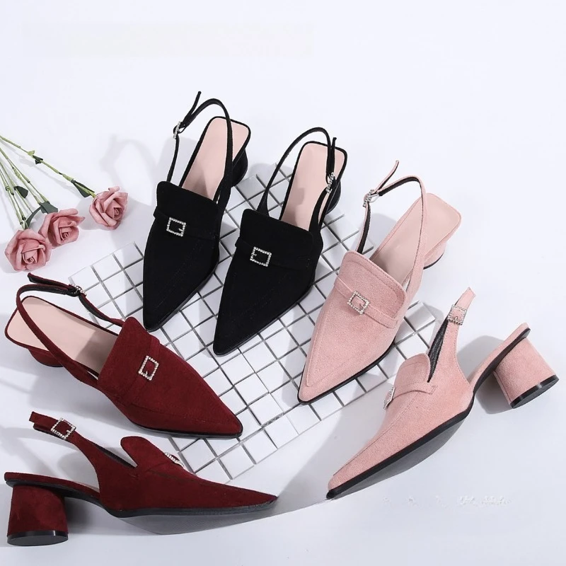 Women's Pointed Toe Mary Jane Mules Suede Upper Buckle Strap Block Heel French Elegant Style Versatile Office Dress Shoes