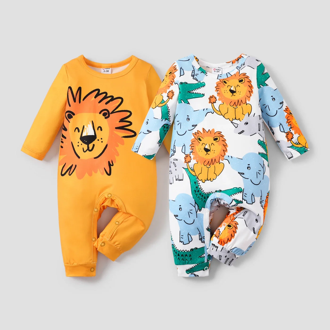 PatPat Baby Boy/Girl Childlike Animal Print Button Long Sleeves Jumpsuit Perfect for Outings and Daily Wear Basic Style