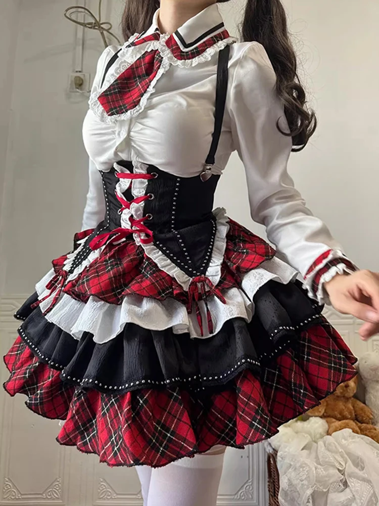 JK Uniform Lolita Black and Red Suspender Waist-Tied Shirt Pettiskirt Suit Pure Desire Style Princess Dress College Clothes