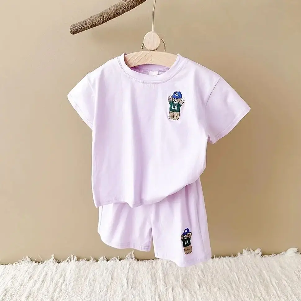 INS Summer Baby Boys Clothes Baby Girls Suit Bear Embroidery Thin Sports T-shirt Baby Cotton Infant Outfit Set Children Clothing