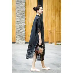2026 chinese traditional vintage qipao women's black qipao lady standing collar ethnic style embroidery graceful cheongsam dress