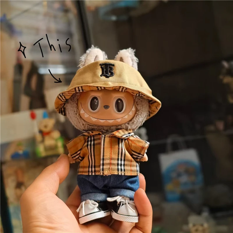 15 17cm For Labubu Doll Luxury Dress Skirt Outfit Clothing Classic Fisherman Hat Plaid Shirt Bag Shoes Set Clothes Accessories
