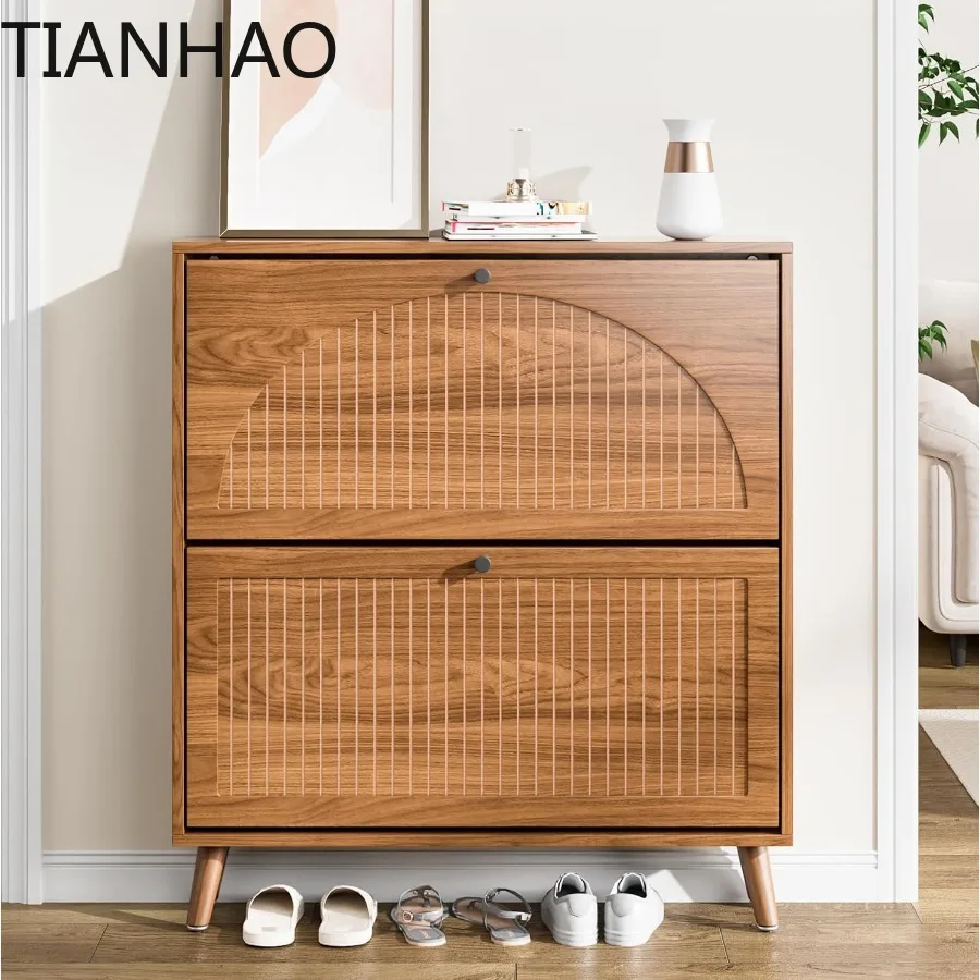 Narrow Wood Shoe Storage Cabinet for Entryway with 2 Flip Drawers and Fluted Panel Design Freestanding Hidden Shoe Organizer fo
