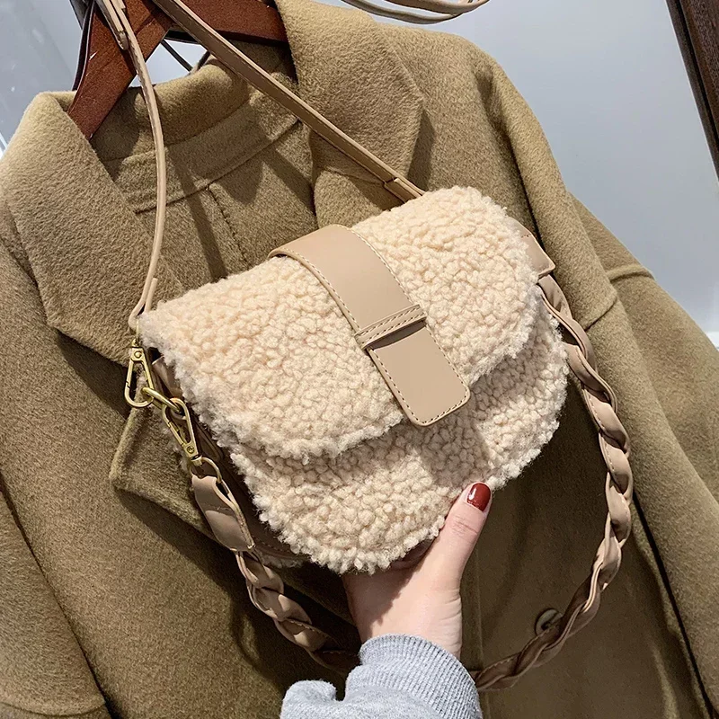 New Winter Women\'s Shoulder Bag Messenger Weave Strap Saddle Armpit Bag High Quality Lamb Plush Fur Bag Designer Ladies Handbag