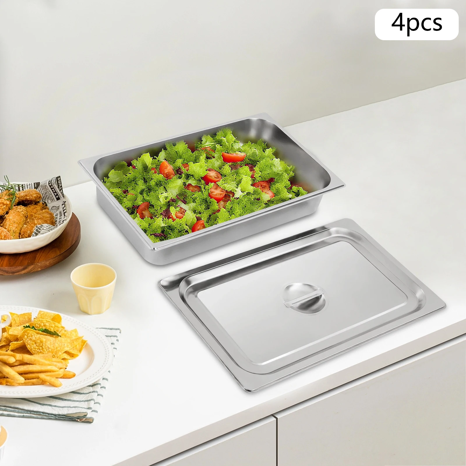

4-Piece Stainless Steel Steam Table Pans Set 3.94" Deep 9L Capacity Each with Lids Stackable for Commercial & Home Use
