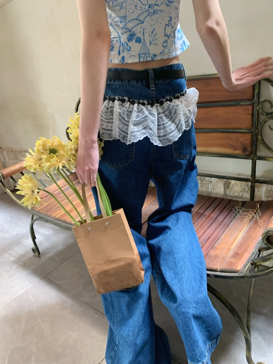 

Twilight Series Vintage Sle Lace Splicing High Waist Straight Leg Long Length Denim Jeans Women's Casual Wide Leg Pants