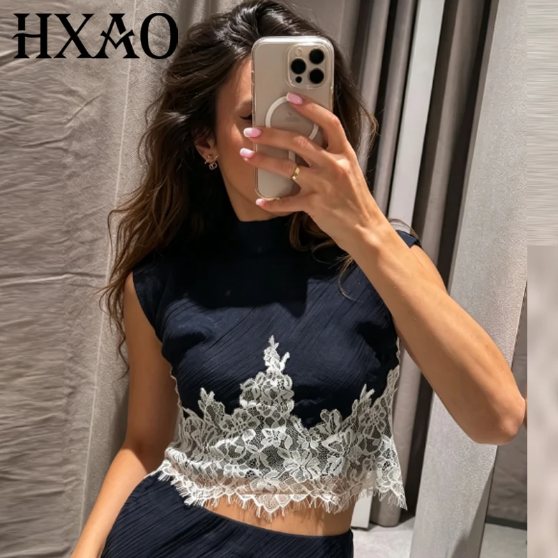 HXAO Spitzen-Crop-Top für Damen 2026 Korsett Dunkelblaues Tanktop Damenmode Plissiertes O-Ausschnitt Schlankes Ärmelloses Oberteil Elegante Urlaubstopps – Detail 3