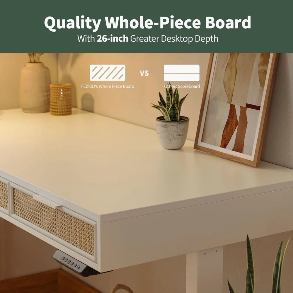 مكتب قائم كهربائي قابل للتعديل بارتفاع طراز بوهو مقاس 55 × 26 بوصة مع 3 أدراج من الروطان، مكتب قائم مع مساحة تخزين كبيرة، #4