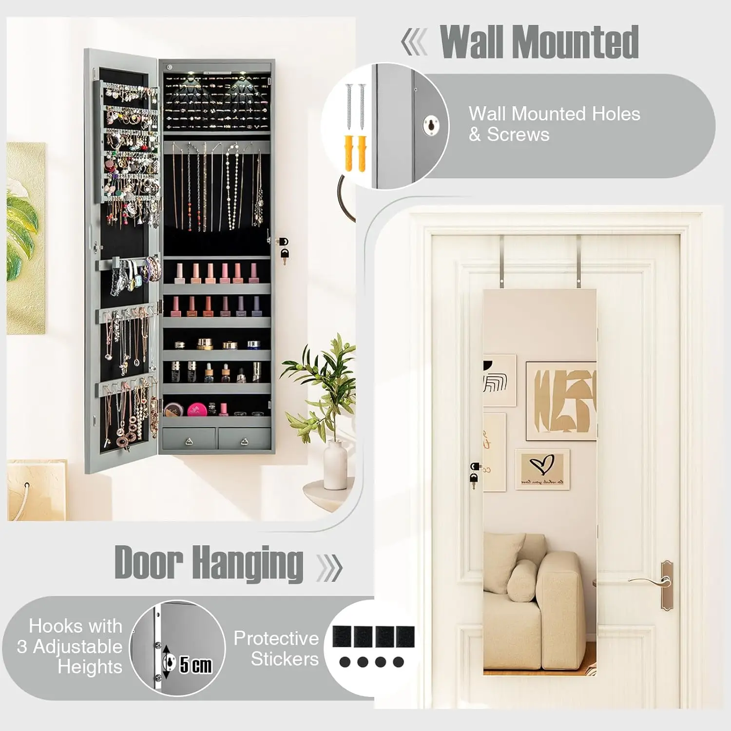 

Wall Door Mounted Jewelry Armoire with 47.5 Full Length Mirror & 2 LED Lights, Large Storage Capacity, Lockable Mirror