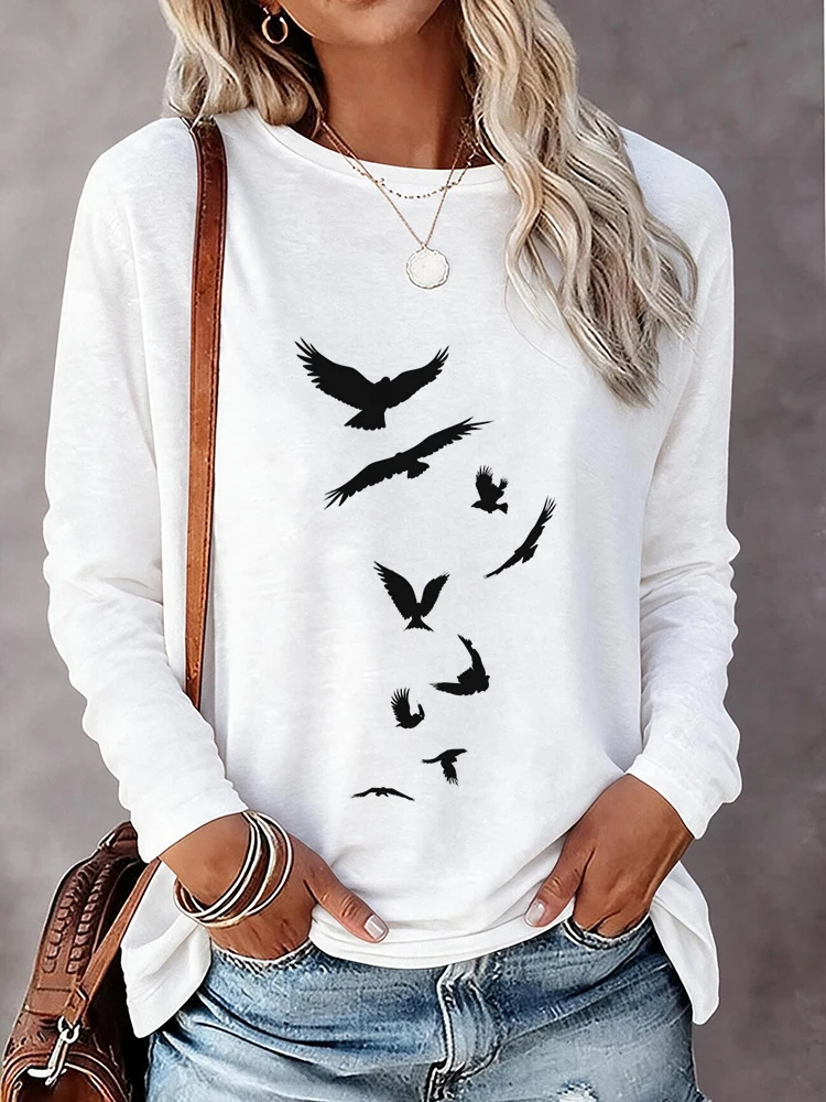 Women's Casual Long Sleeve T Shirt Graphic Vintage Tops Eagles of Various Shapes and Forms Print T-Shirt Clothes Female 90s Y2k