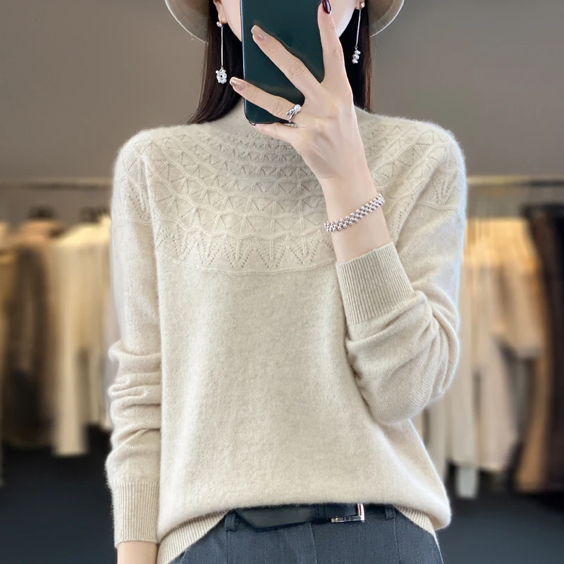 Autumn and winter 100% merino wool first-line ready-to-wear hollow women's pullover semi-high neck solid color sweater