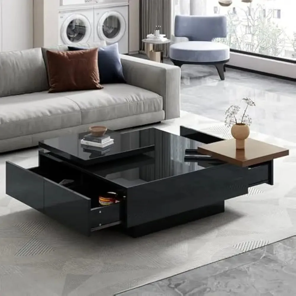 

Movable Coffee Table Square High Gloss Surface, with 4 Hidden Storage Drawers Square Center Furniture for Living Room, Black