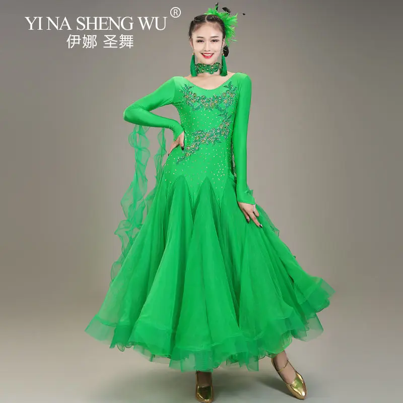 جولة الرقبة الماس التدرج النساء قاعة الرقص المنافسة فستان الفالس فستان رومبا أزياء رقص الكرة ثوب S-XXL