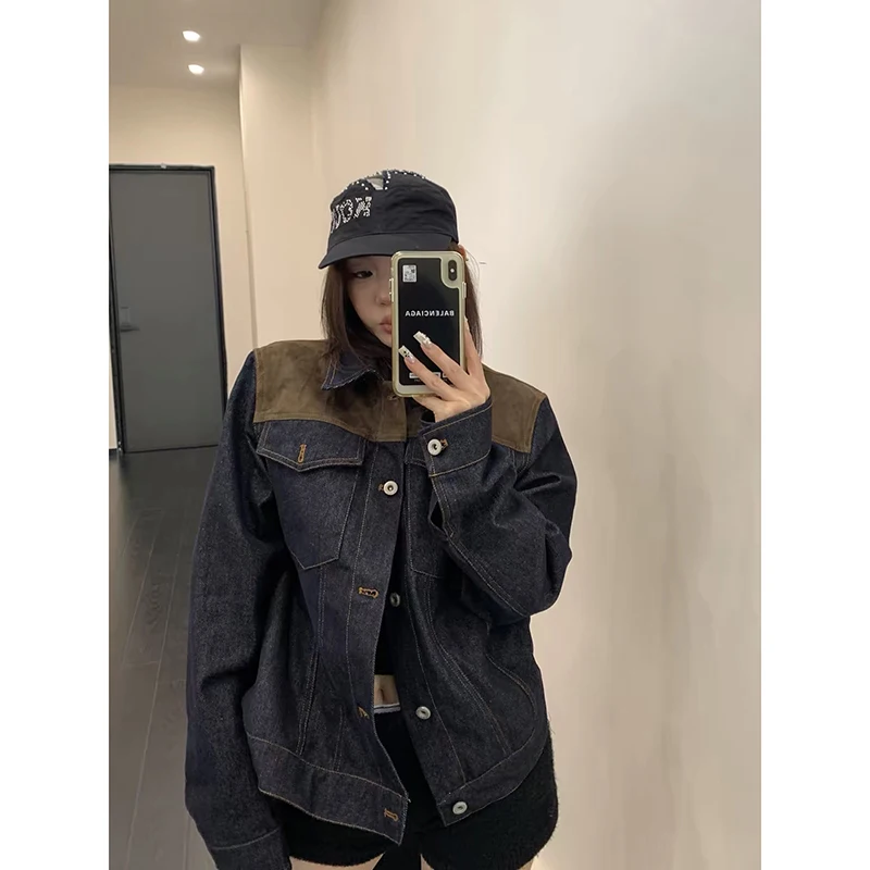 YIBASHU Autumn Winter Women Black Splice Denim Jacket American Retro Y2k 2000s Gothic Casual Cargo Jacket Cowboy Outwear Tide