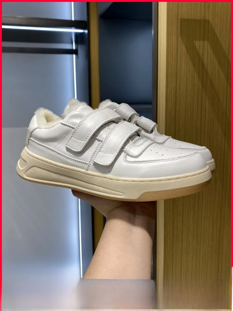 

Warm Wool Lined Top Layer Cowhide Leather Women's Winter Casual All-Match Sport Shoes Magic Tape Design Trendy Flat Shoes
