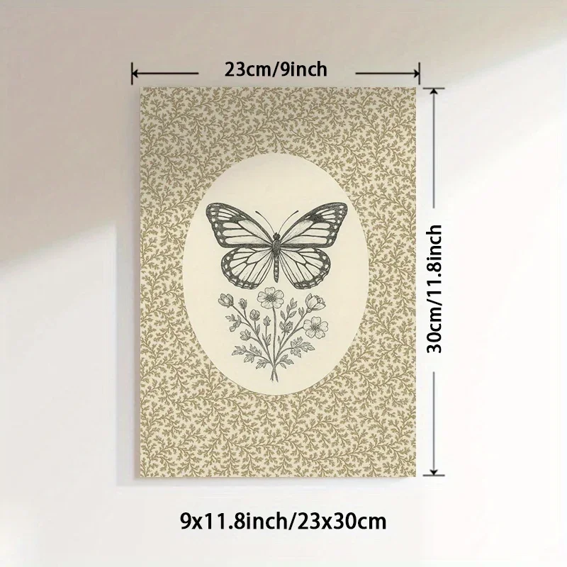 2D Flat, 1pc Vintage Butterfly & Floral Canvas Wall Art Print - Unframed Retro Minimalist Decor, Vertical Animal & Botanical