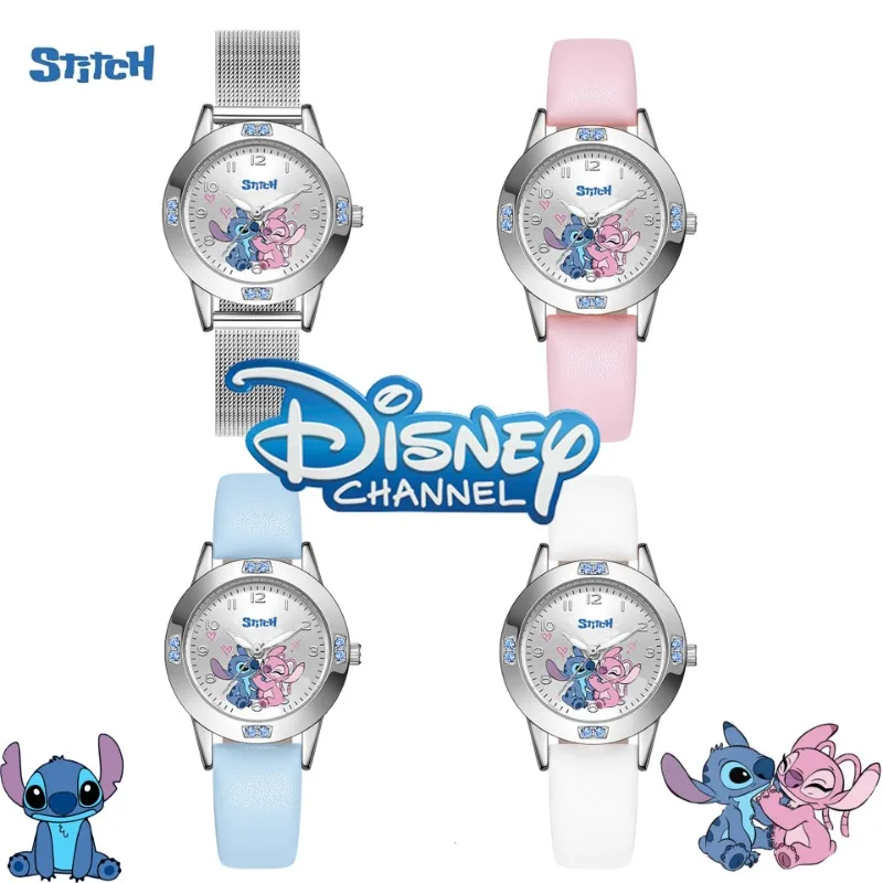 Montres Disney CAN o & Stitch pour filles, diamant, montre à quartz, dessin animé mignon, bracelet en cuir, ceinture en acier, cadeau pour enfant, mode