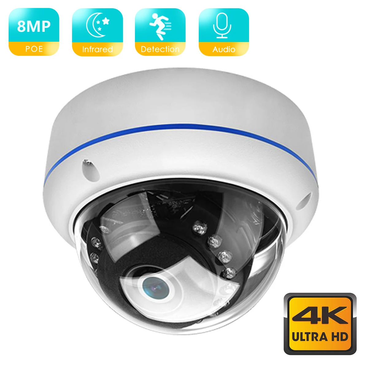 BESDER 4K 8MP H.265 POE IP Camera Audio AI Humanoid Detection 1080P Vandal-proof Video Surveillance Dome Camera IR Night Vision