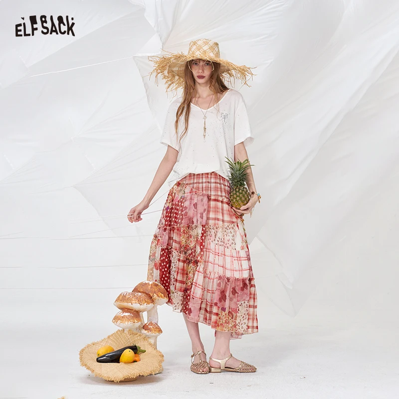 

ELFSACK Cottagecore Patchwork Tiered Maxi Skirt, Red Plaid Floral Polka Dot Print, Ruffled A-Line Bohemian Skirt for Summer