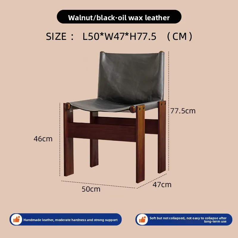 Krzesło do jadalni z litego drewna w stylu mid-century modern, tapicerowane woskowaną skórą, wygodne siedzisko do kuchni, restauracji, kawiarni.