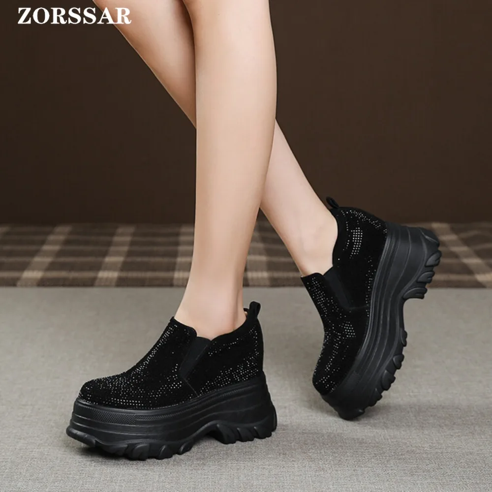 2024 New Spring Blue Crystal Hidden Wedge Heels Casual Shoes Woman Platform Sneakers Elevator High-heels Walking Sneakers Women