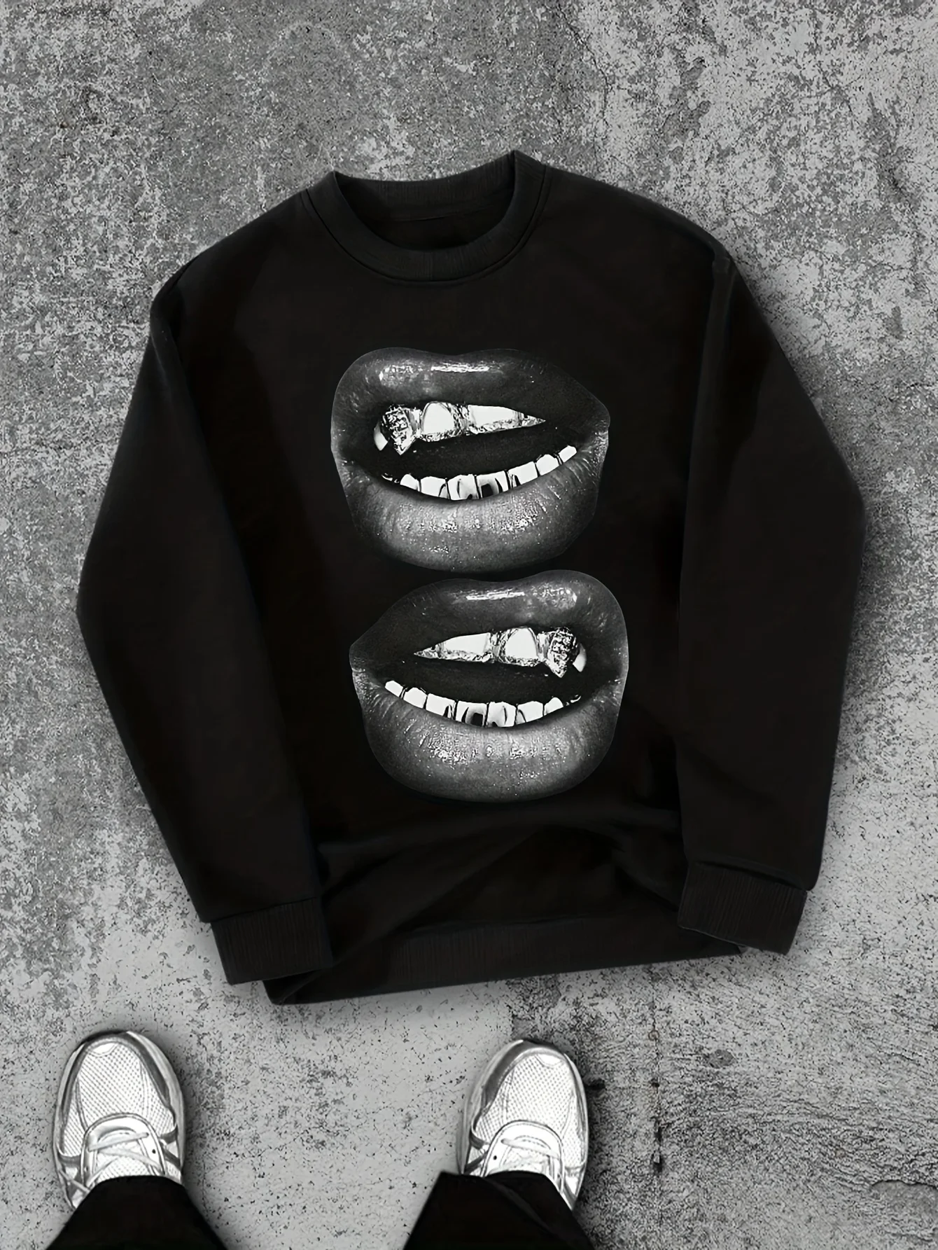 Men's Y2K Street Style Lip Print Casual Crew Neck Sweater - Polyester Fabric, Slightly Elastic, Geometric Pattern, Loose Version