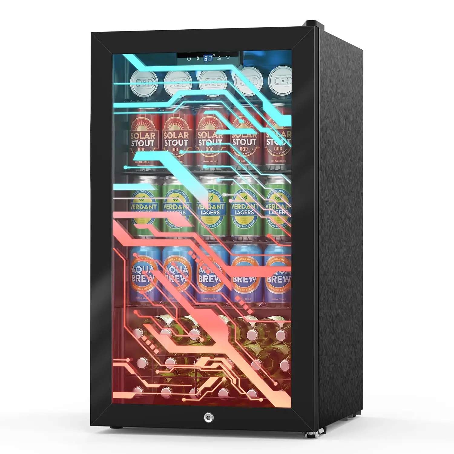 Glass Door Beverage Fridge, 3.2 Cu Ft Lockable Mini Fridge with Lights For Soda Beer Cooler Gaming Room Bar, Customized