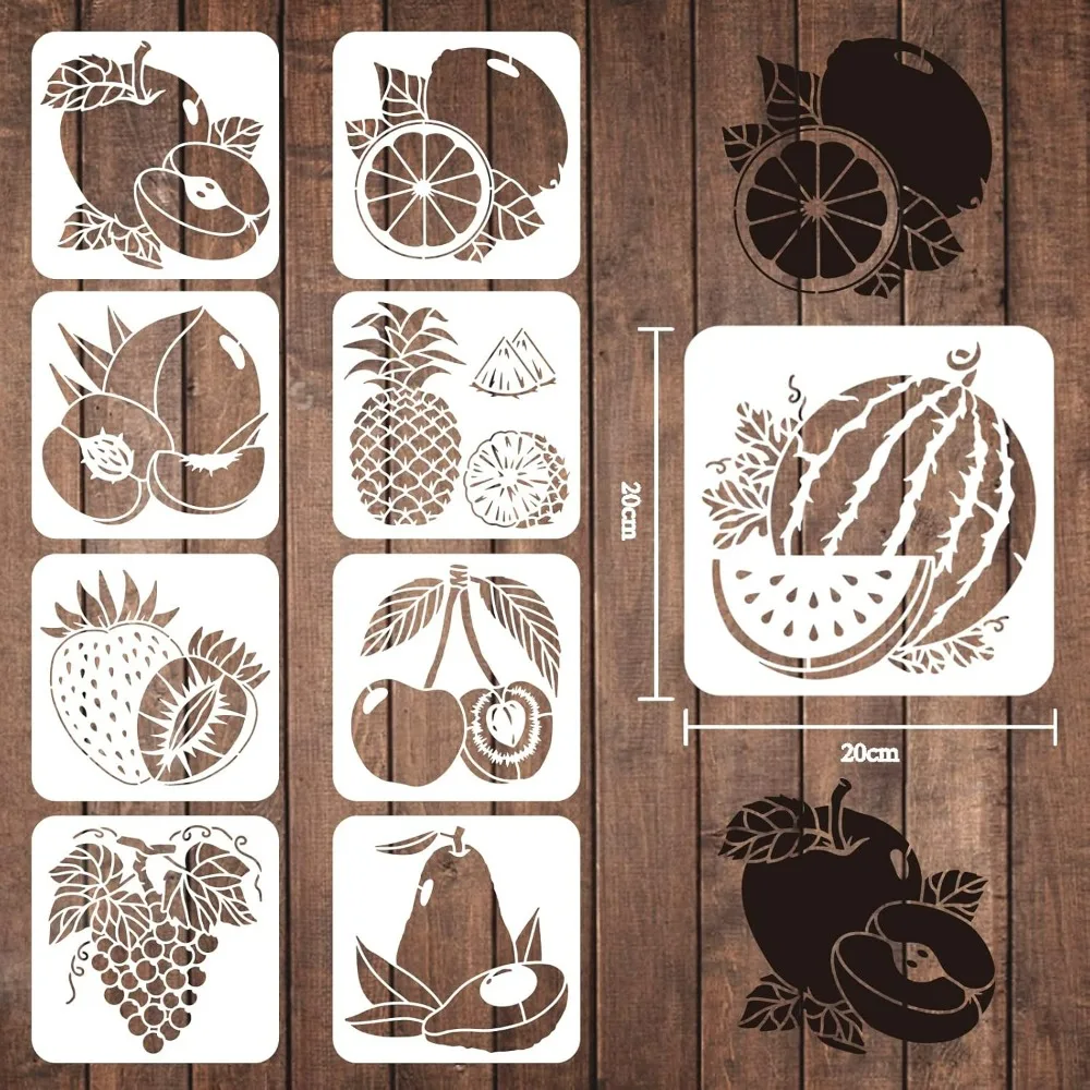 9 Pcs Fruits Stencils 7.87x7.87inch Plastic Pineapple Lemon Apple Watermelon Stencils Peach Pear Cherry Strawberry Grape