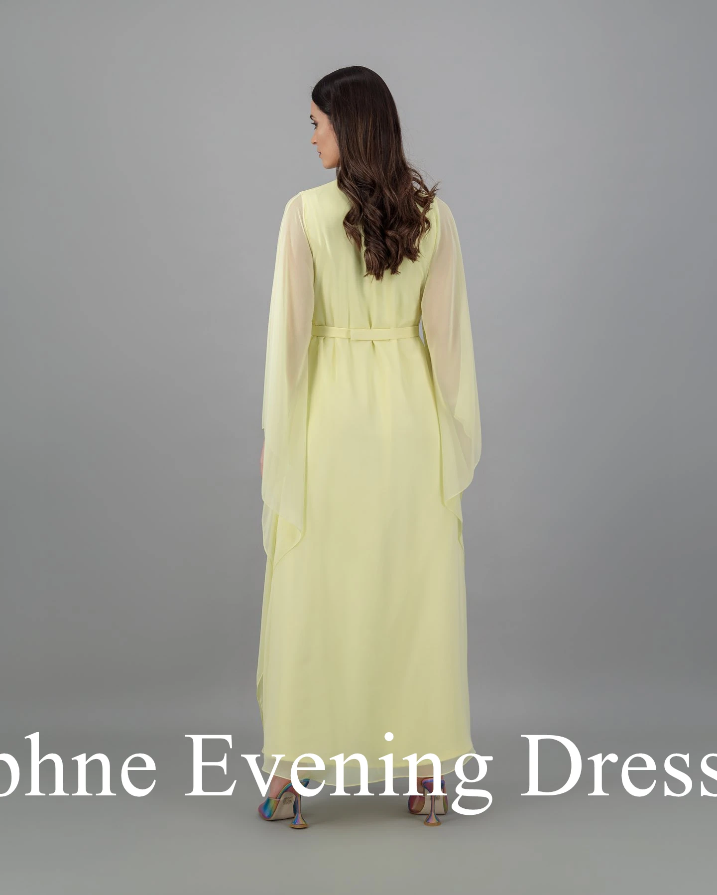 فستان سهرة كلاسيكي مخصص برقبة على شكل حرف v شيفون بأكمام طويلة وطيات مزاجية وحزام لون الصورة فيستدو دي فيستا رداء السهرة