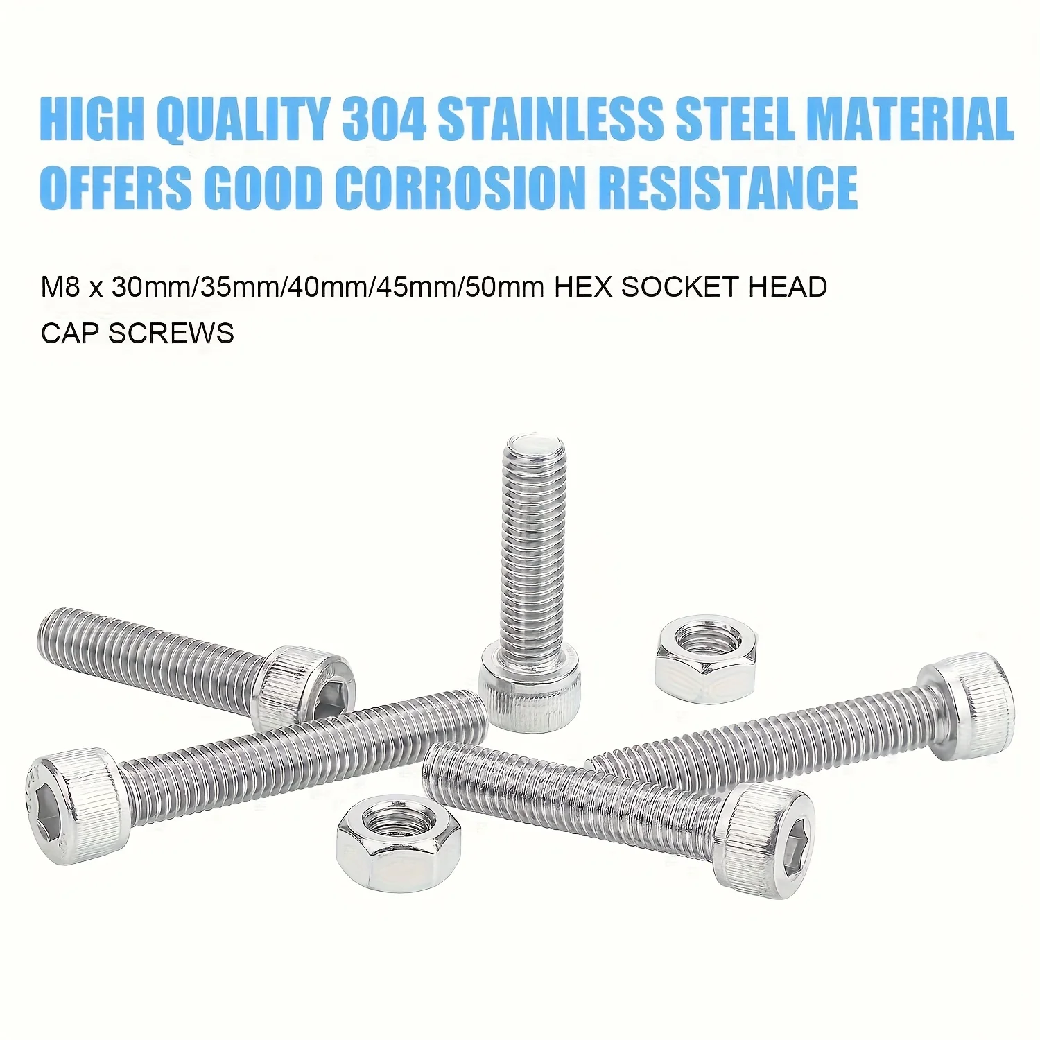 304 Stainless Steel Hex Socket Bolt and Nut Set M8 50pcs Assorted Sizes ,with Hex Wrenches for Furniture Repair